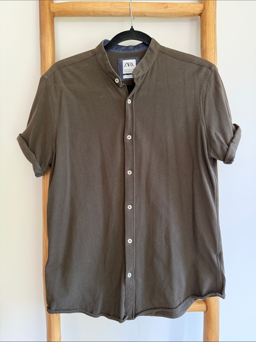 ZARA Olive Short-Sleeve Mandarin Collar Button-Down Shirt